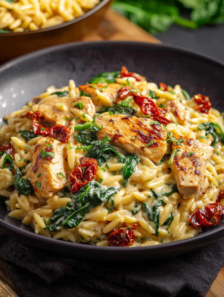 A bowl of pasta with chicken and vegetables.
