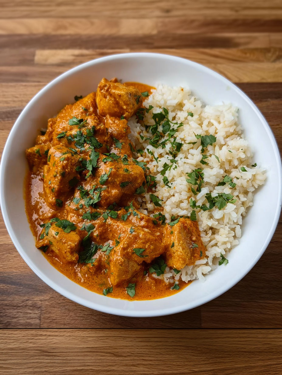 A bowl of butter chicken and rice.