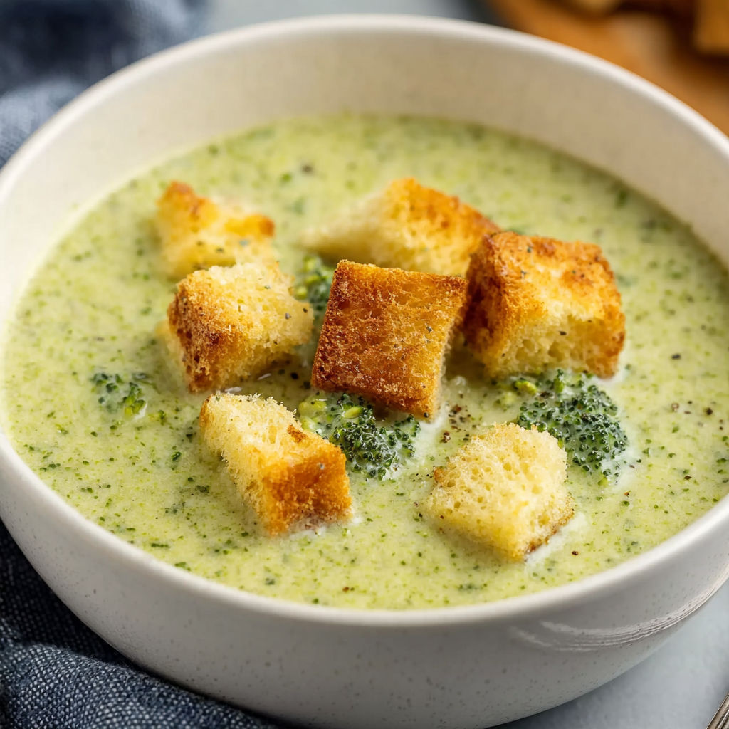 A bowl of soup with bread cubes in it.