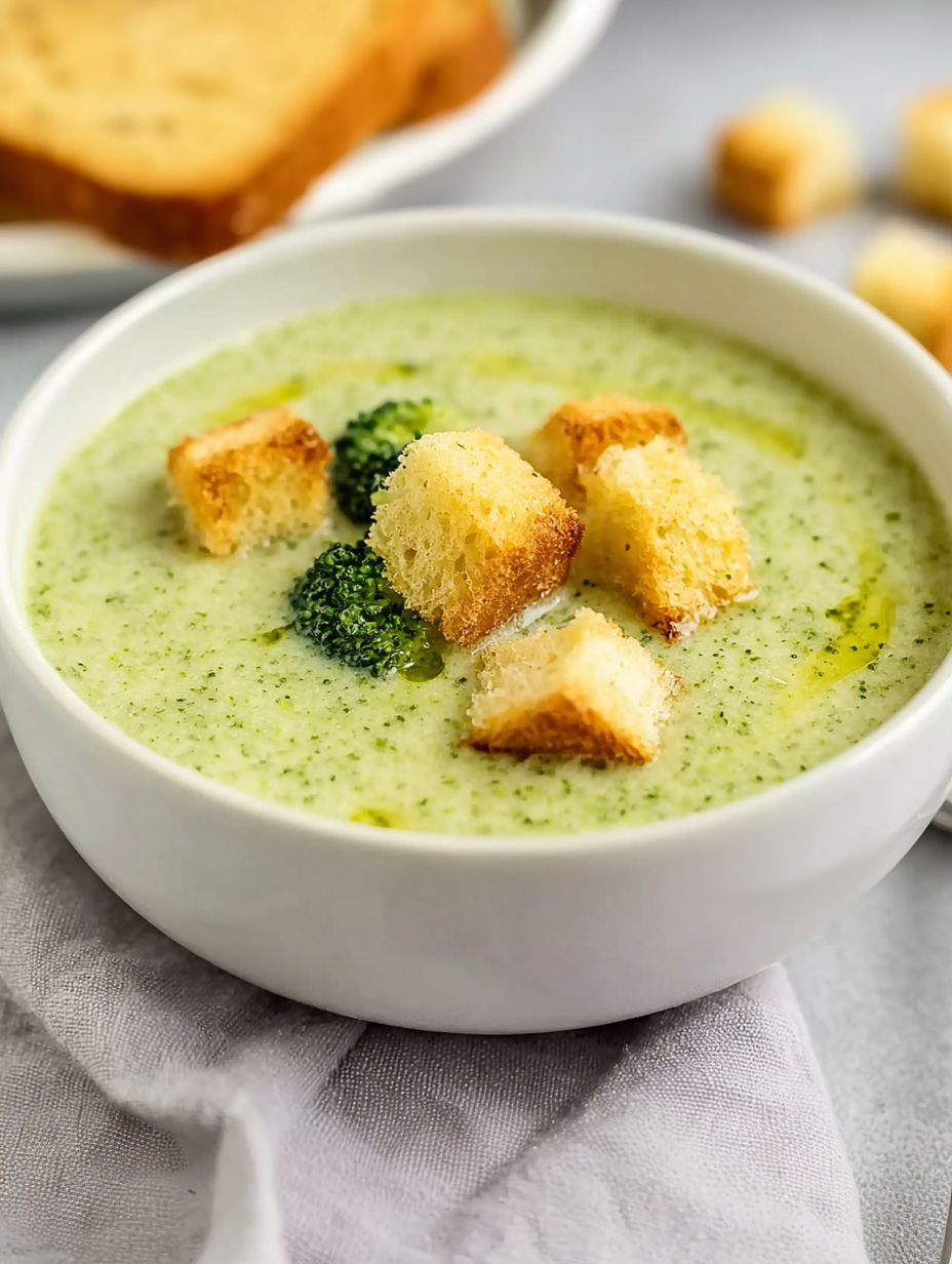 A bowl of soup with bread cubes in it.