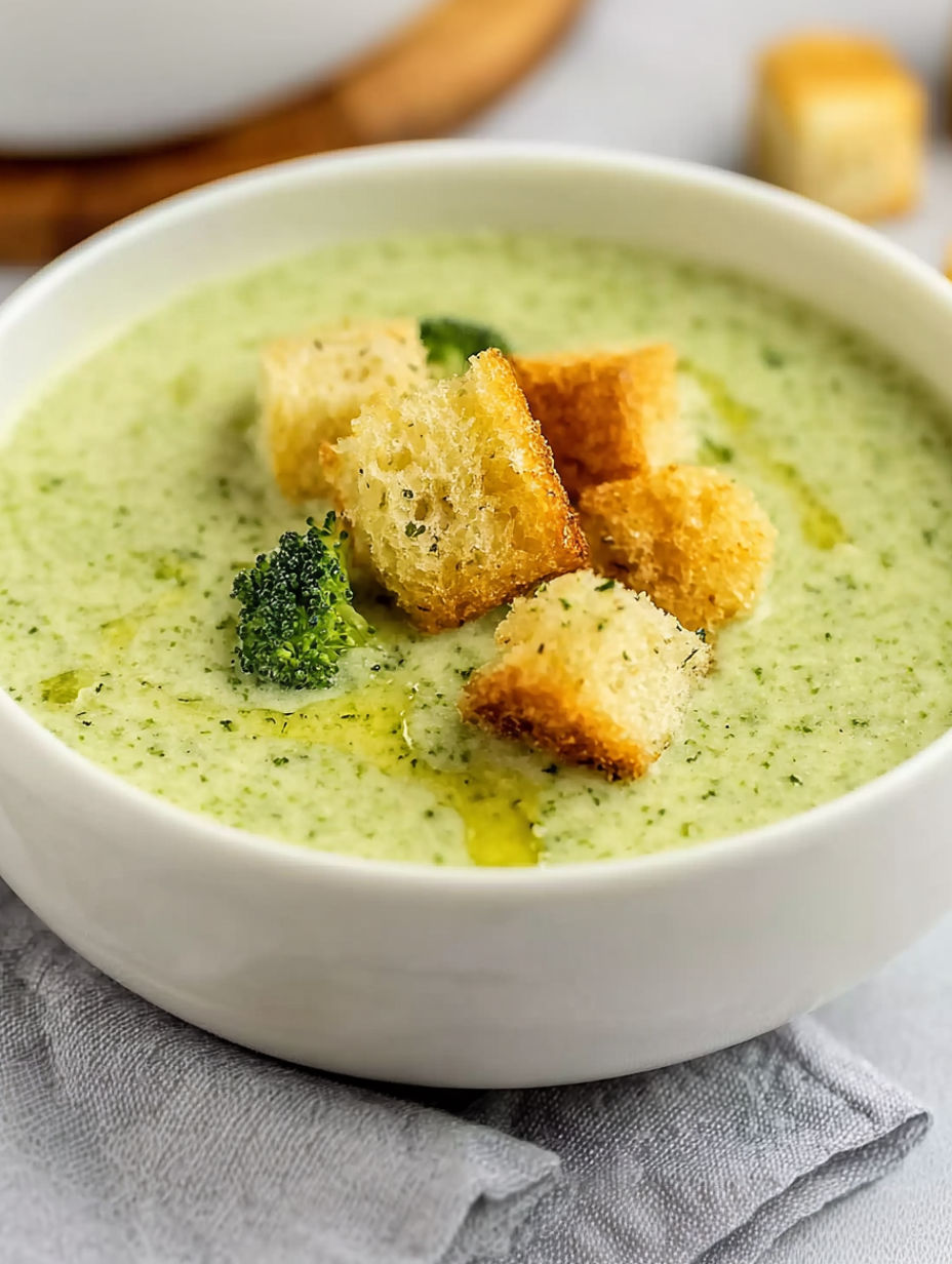 A bowl of soup with bread and broccoli.