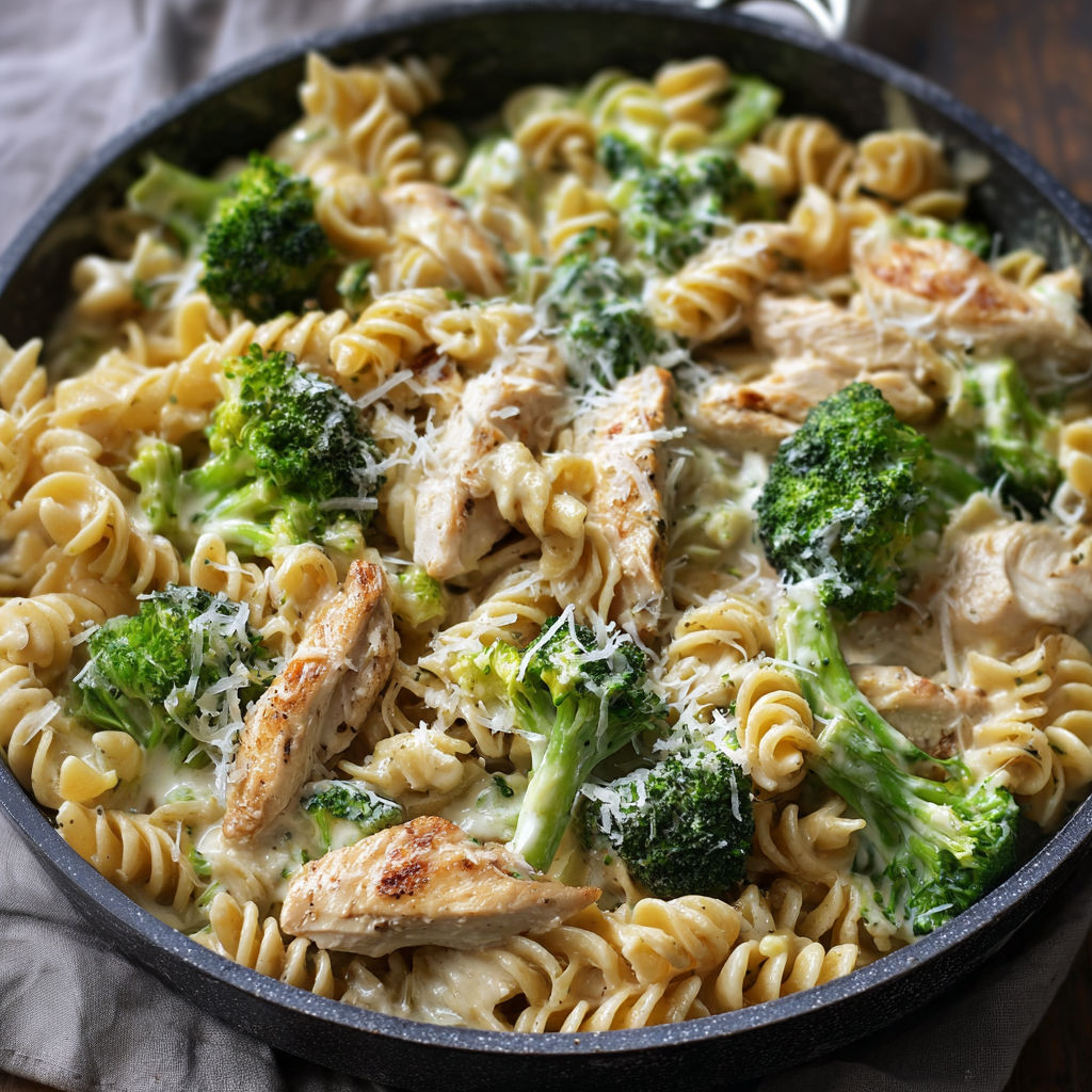 A bowl of pasta with chicken, broccoli and cheese sauce.
