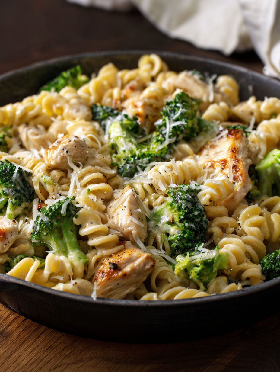 A plate of pasta with chicken, broccoli and cheese.