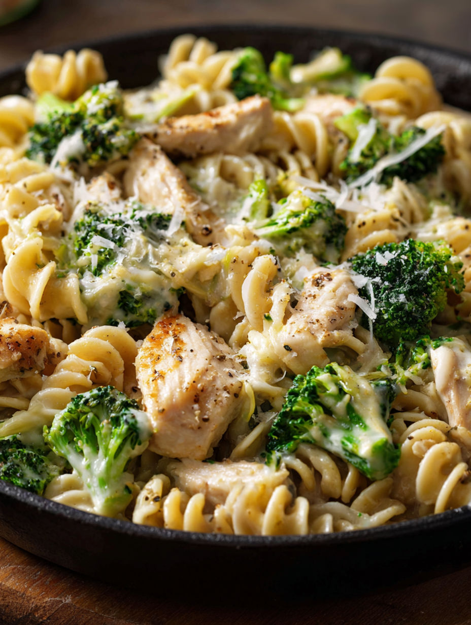A bowl of pasta with chicken, broccoli, and cheese sauce.