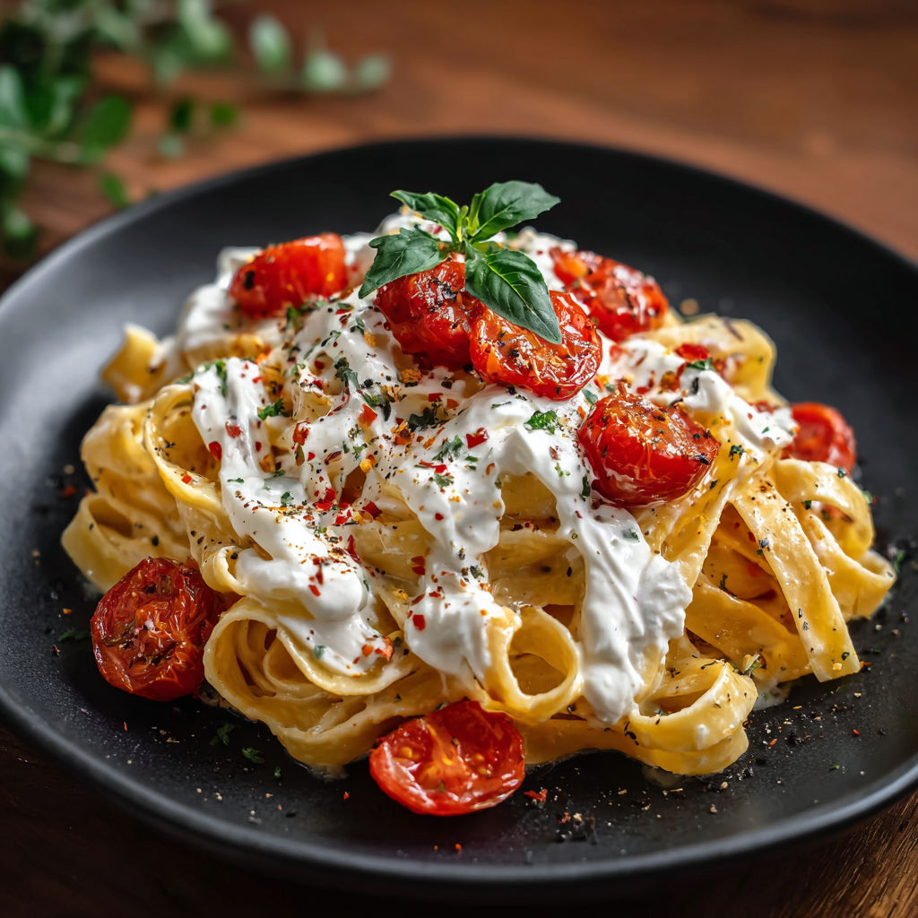 A plate of pasta with tomatoes and white sauce.