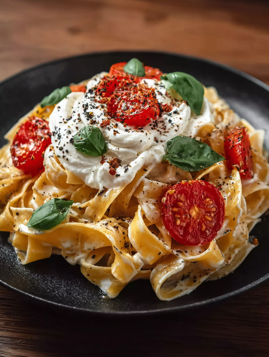 A plate of pasta with tomatoes and cheese.