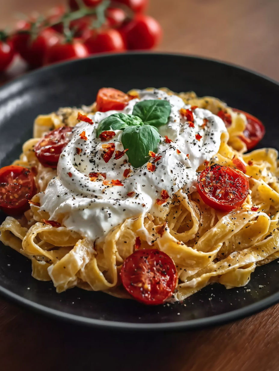 A plate of pasta with tomatoes and cheese.