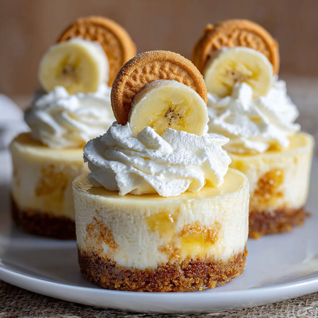 Three mini banana pudding cheesecakes with whipped cream.