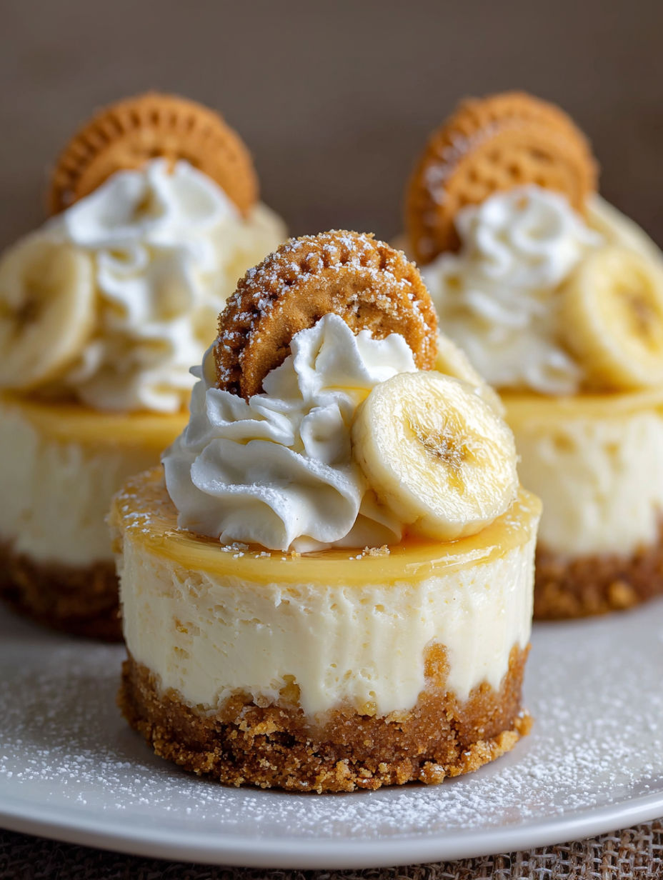 Three mini banana pudding cheesecakes with whipped cream and cookie crumbs.