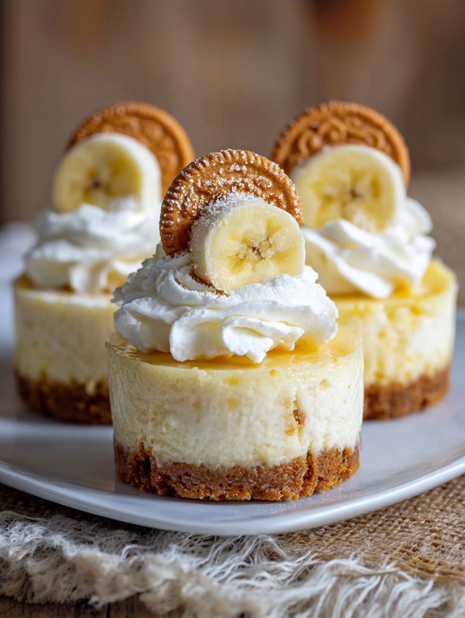 Three mini banana pudding cheesecakes on a plate.