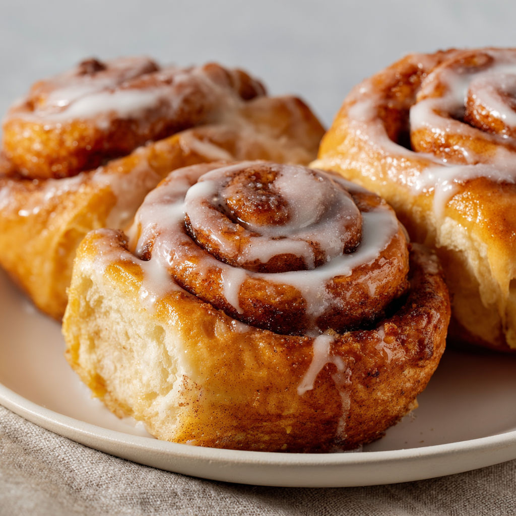 Three rolls of cinnamon rolls on a plate.