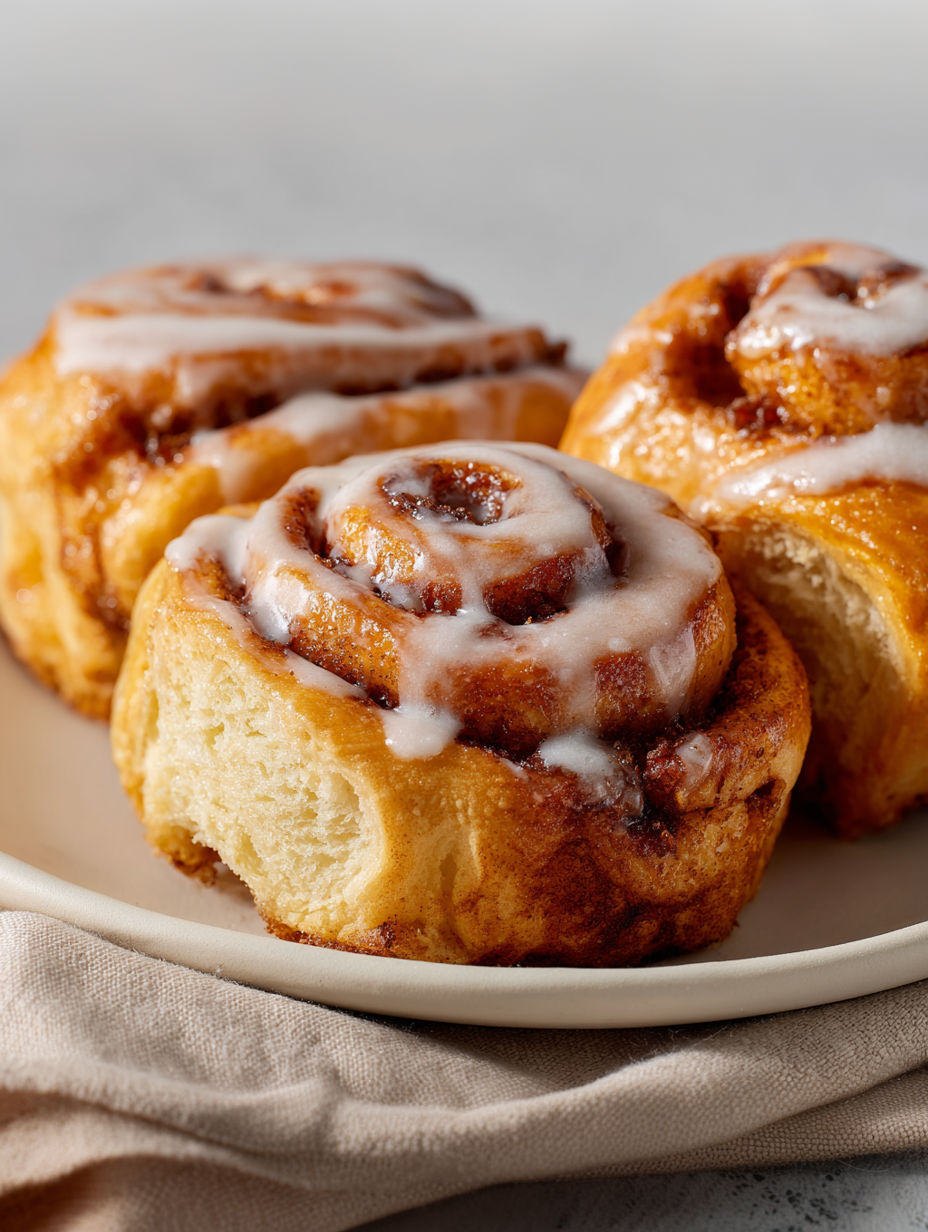 Three rolls of cinnamon rolls on a plate.