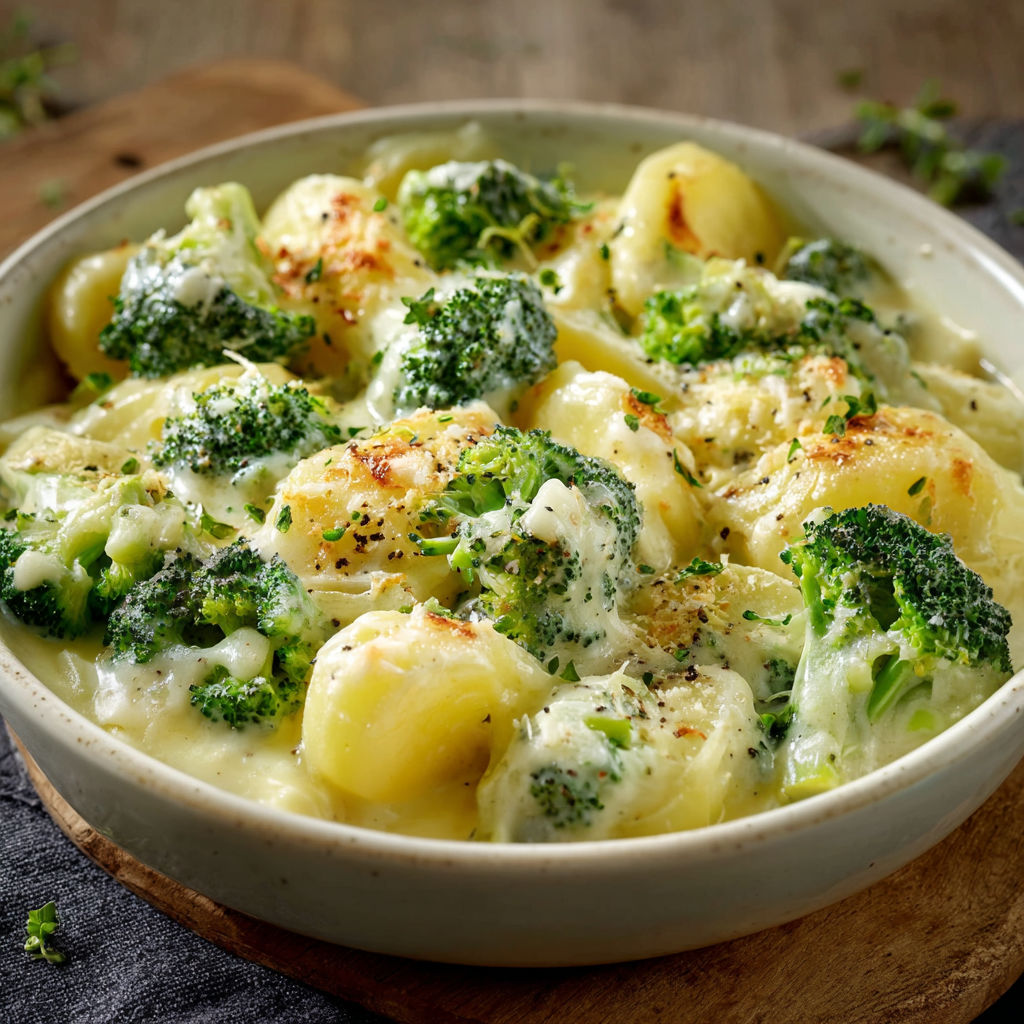 A bowl of food with broccoli and potatoes.