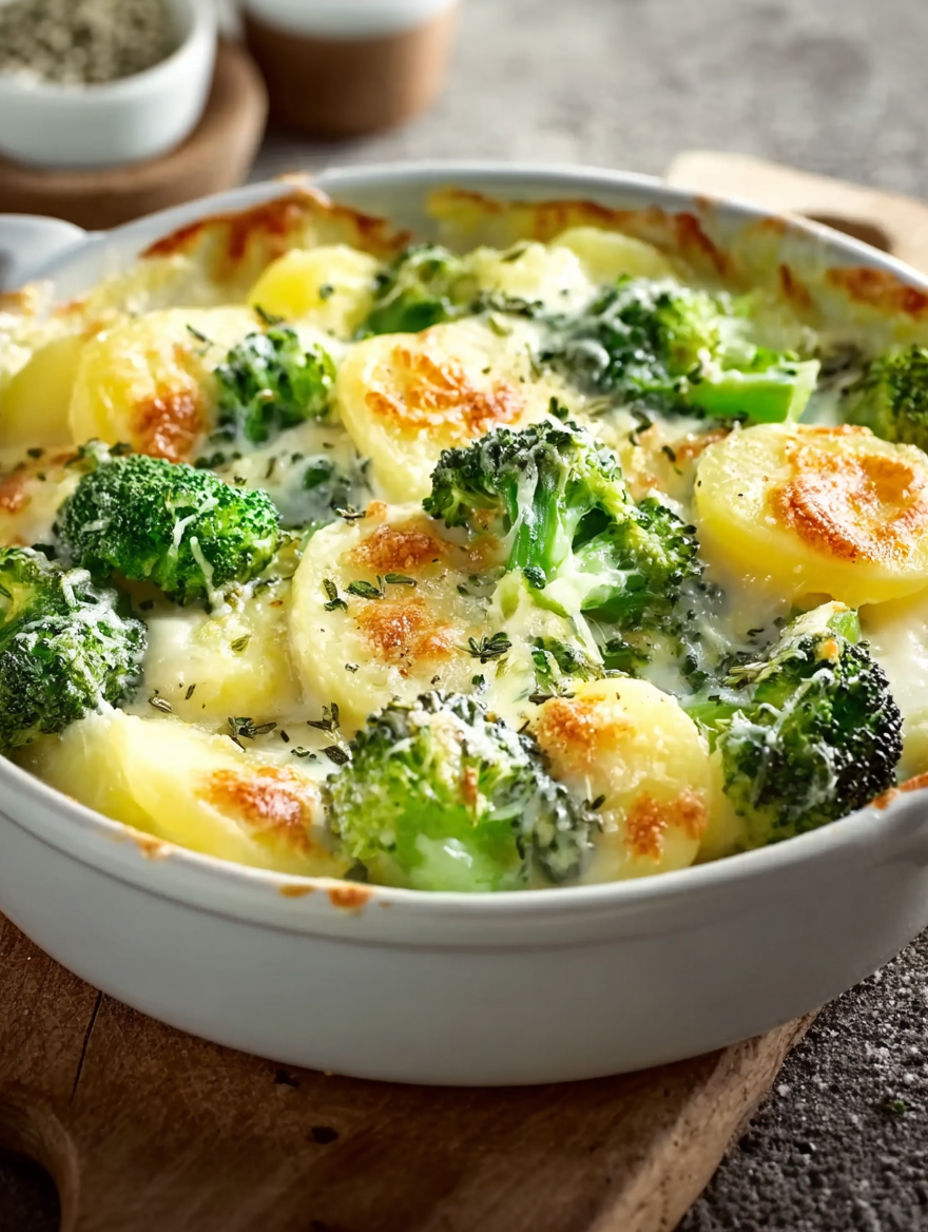 A bowl of food with broccoli and potatoes.