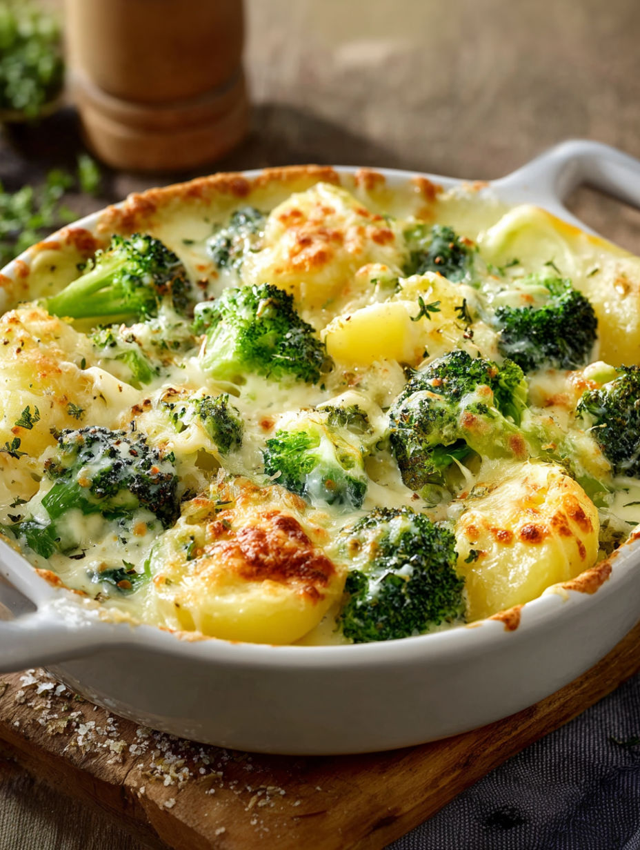 A dish of broccoli and potatoes with cheese.