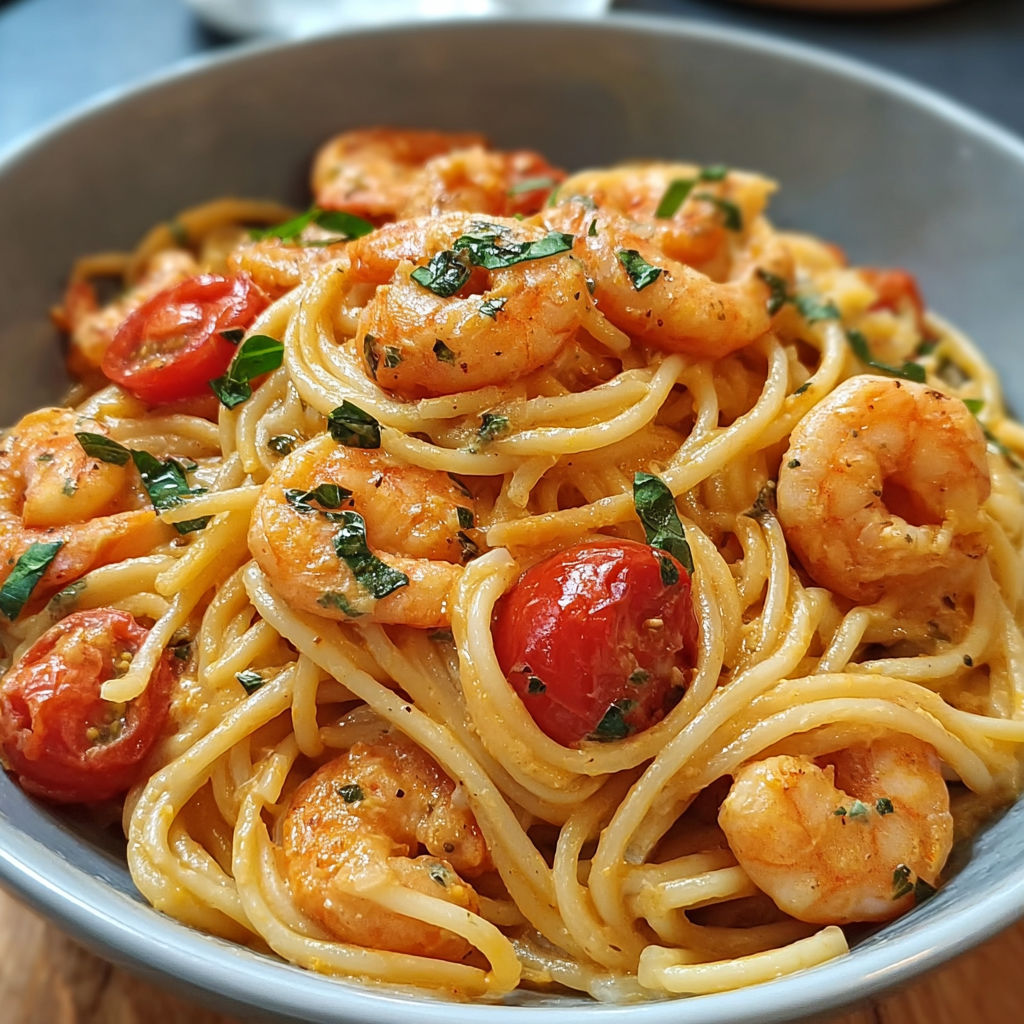 A bowl of spaghetti with shrimp and tomatoes.