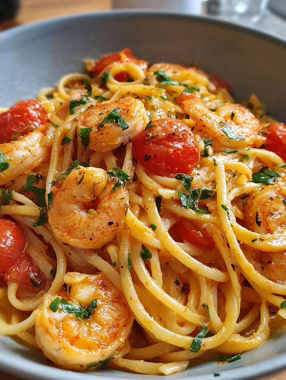 A bowl of spaghetti with shrimp and tomatoes.