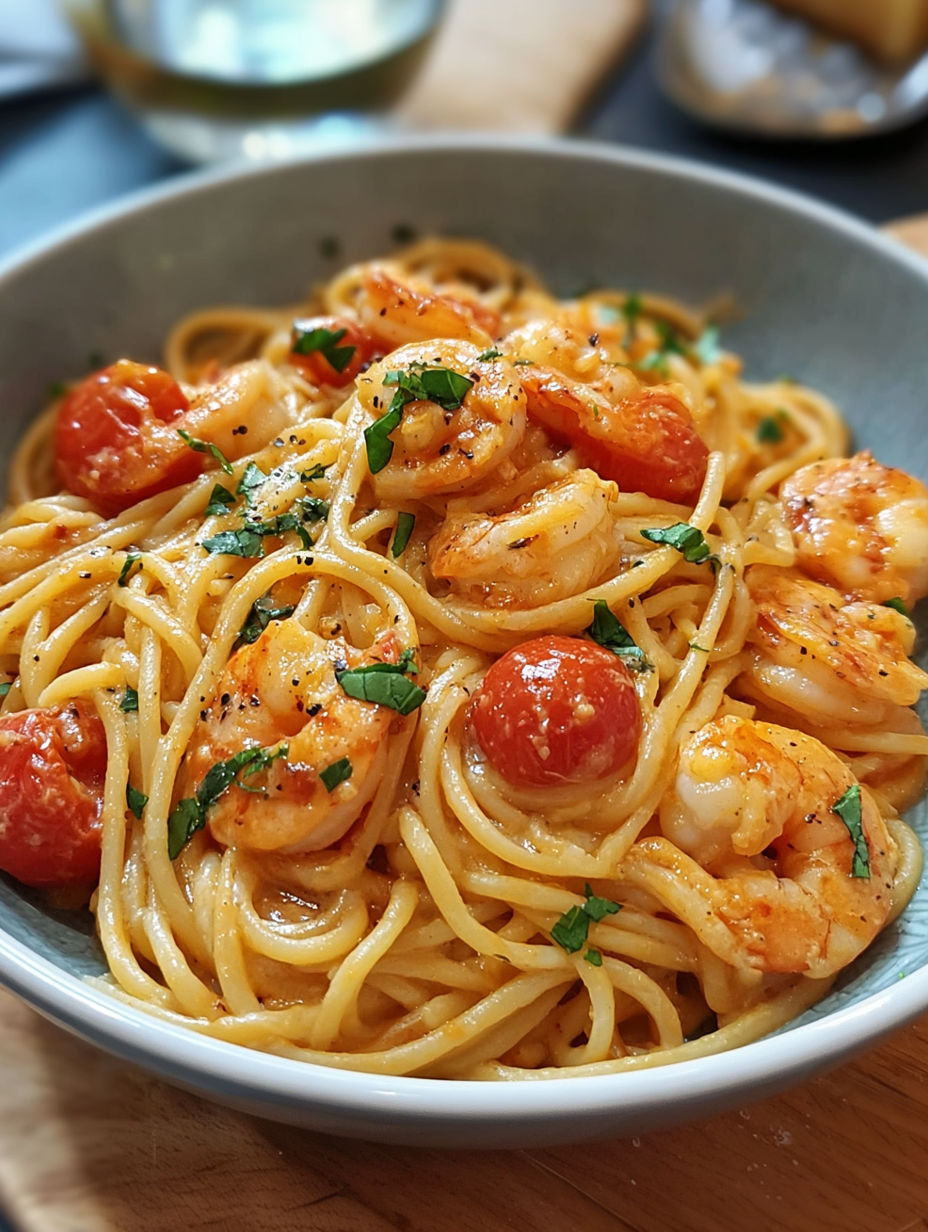 A bowl of spaghetti with shrimp and tomatoes.