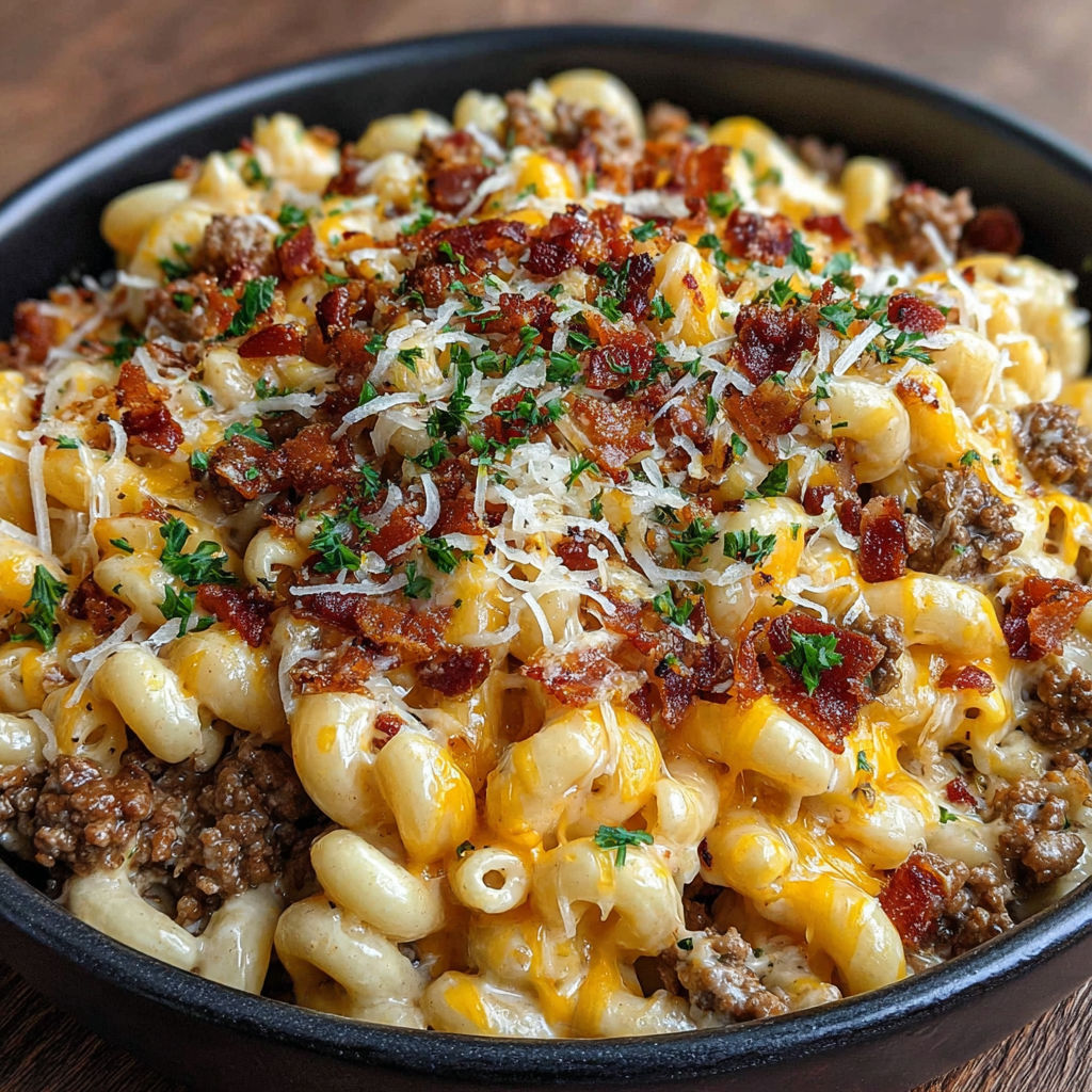 A bowl of macaroni and cheese with bacon.