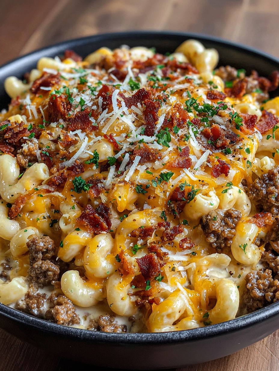 A bowl of creamy macaroni and cheese with bacon.
