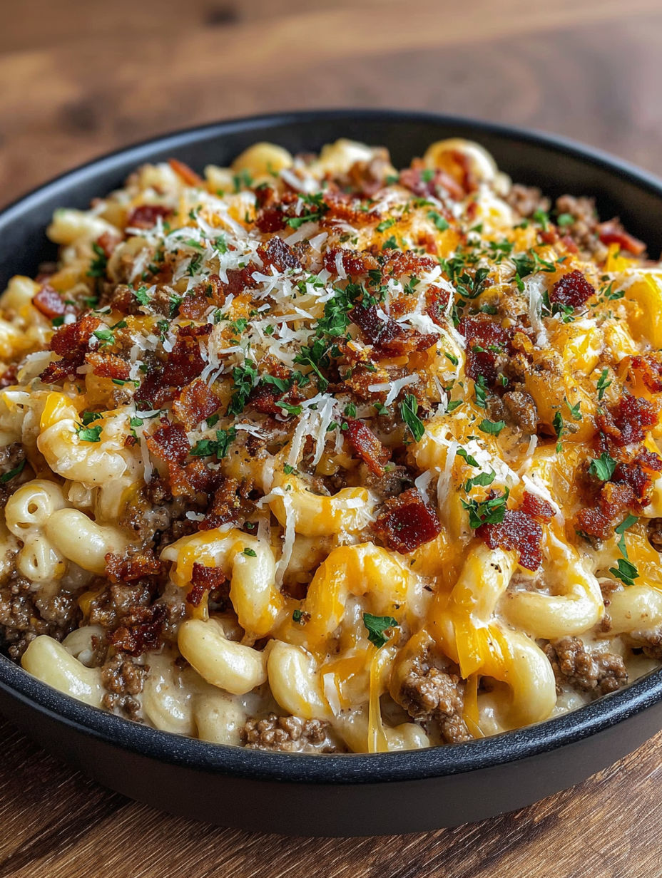 A bowl of creamy macaroni and cheese with bacon.