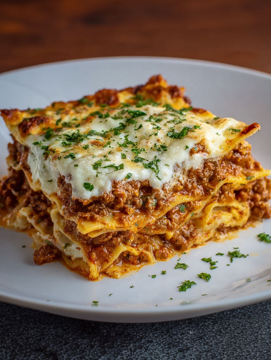 A plate of lasagna with meat and cheese.