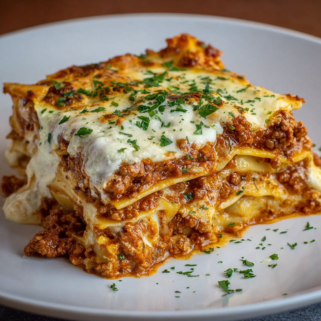 A plate of lasagna with meat and cheese.