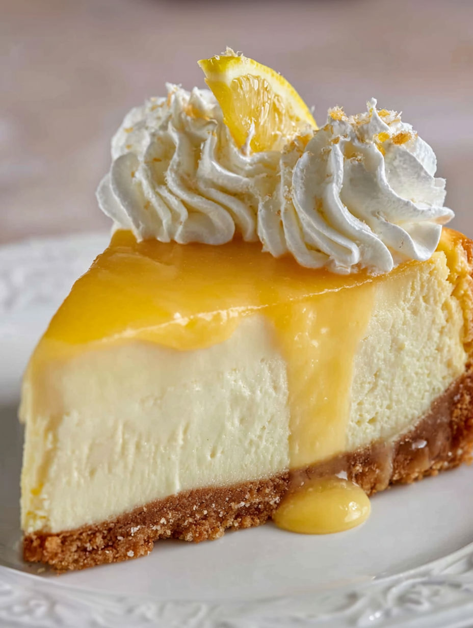 A slice of lemon cheesecake with whipped cream on top.