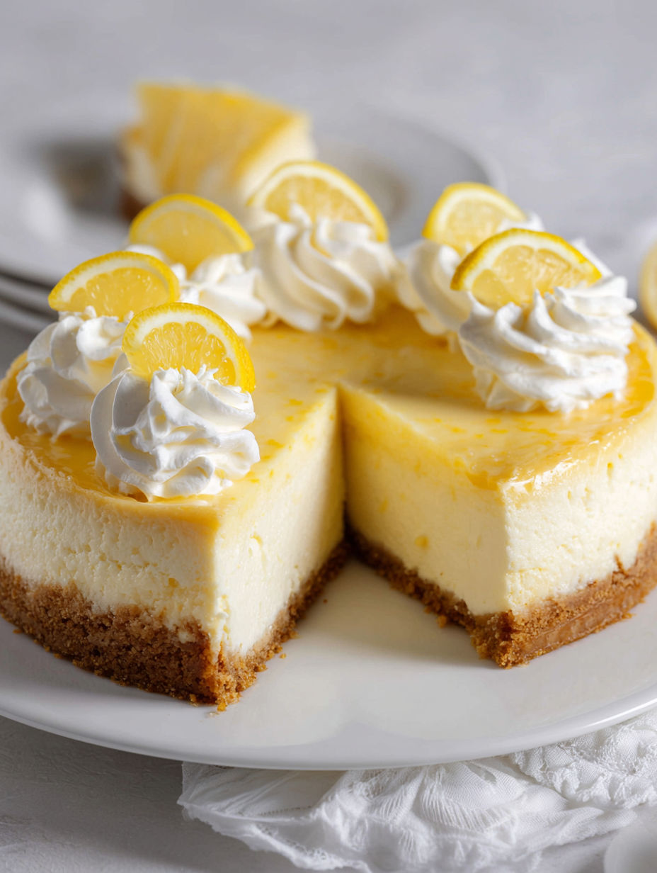 A slice of lemon cheesecake with lemon wedges on top.