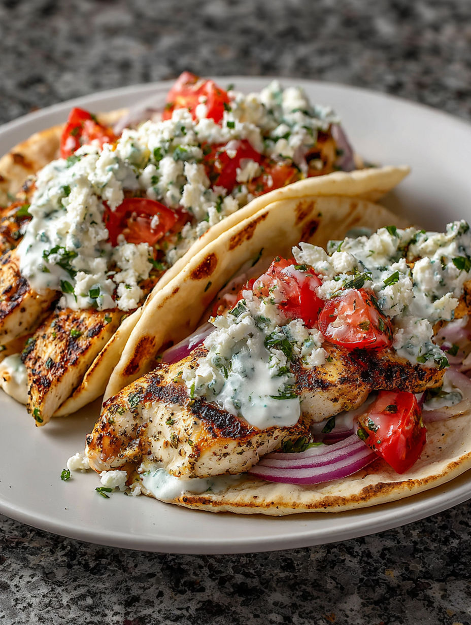 A plate of grilled chicken with tomatoes and blue cheese.