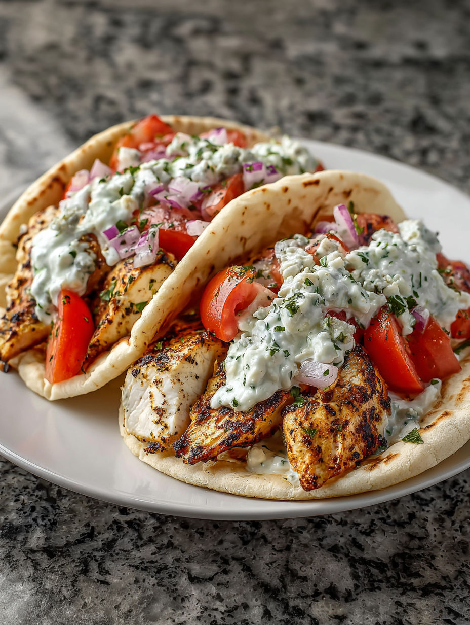 A plate of grilled chicken with tomatoes and onions.