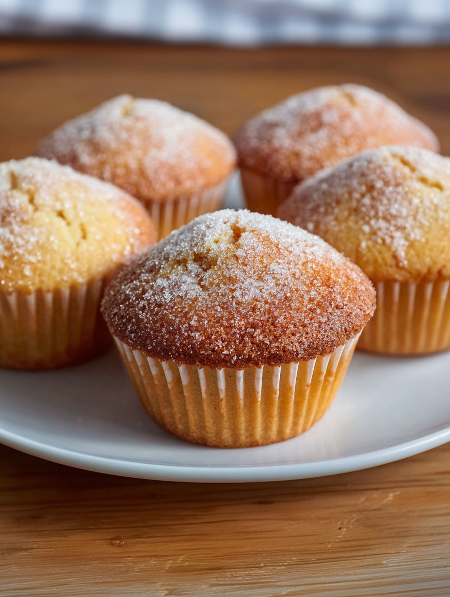 A plate of muffins with sugar on top.