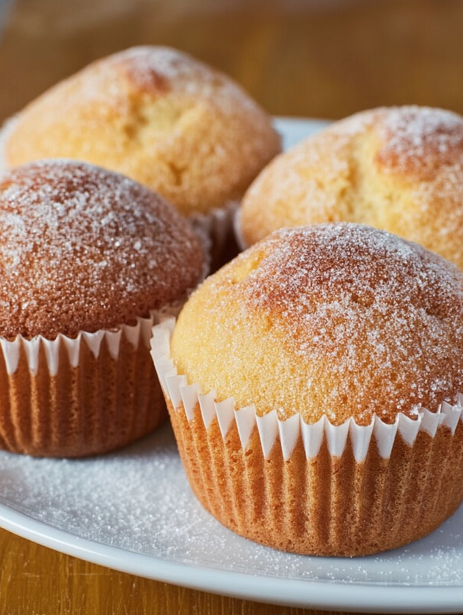 Three muffins with powdered sugar on a plate.