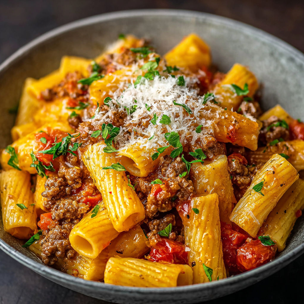 A bowl of pasta with meat and cheese.