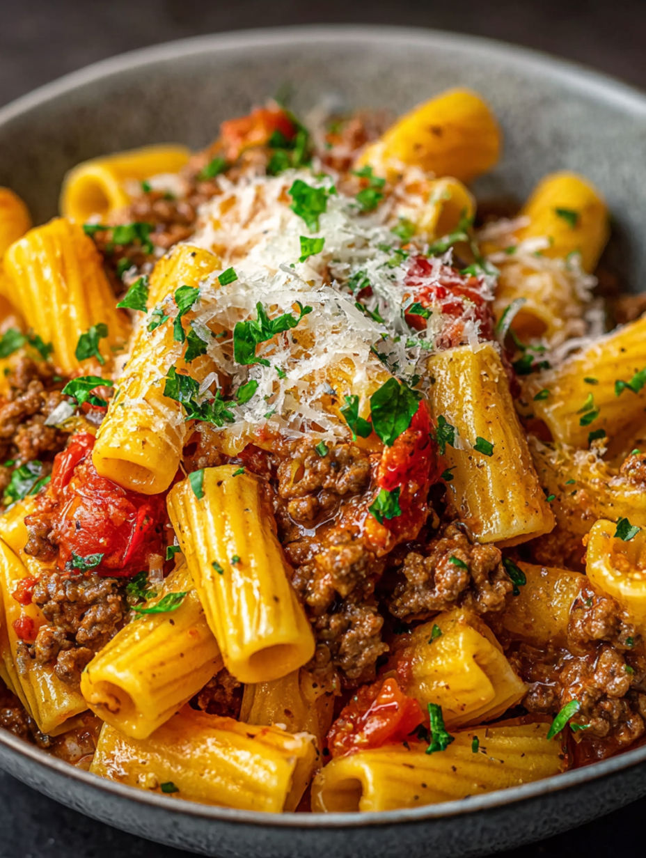A bowl of pasta with meat and cheese.