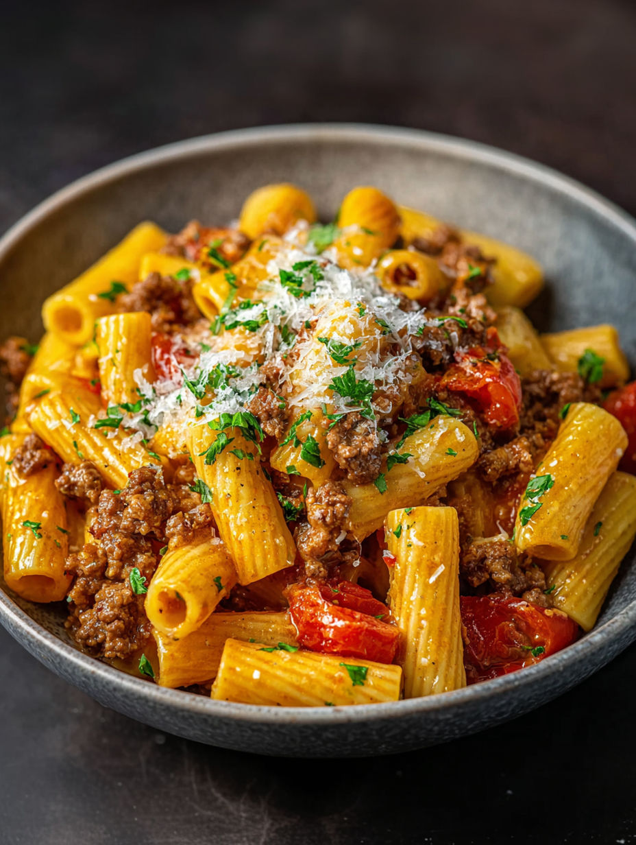 A bowl of pasta with meat and cheese.
