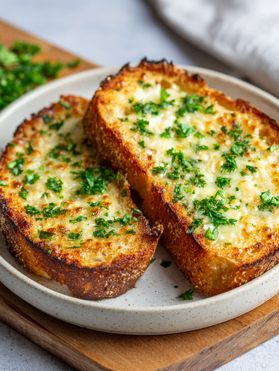 Two slices of garlic bread with cheese on a plate.