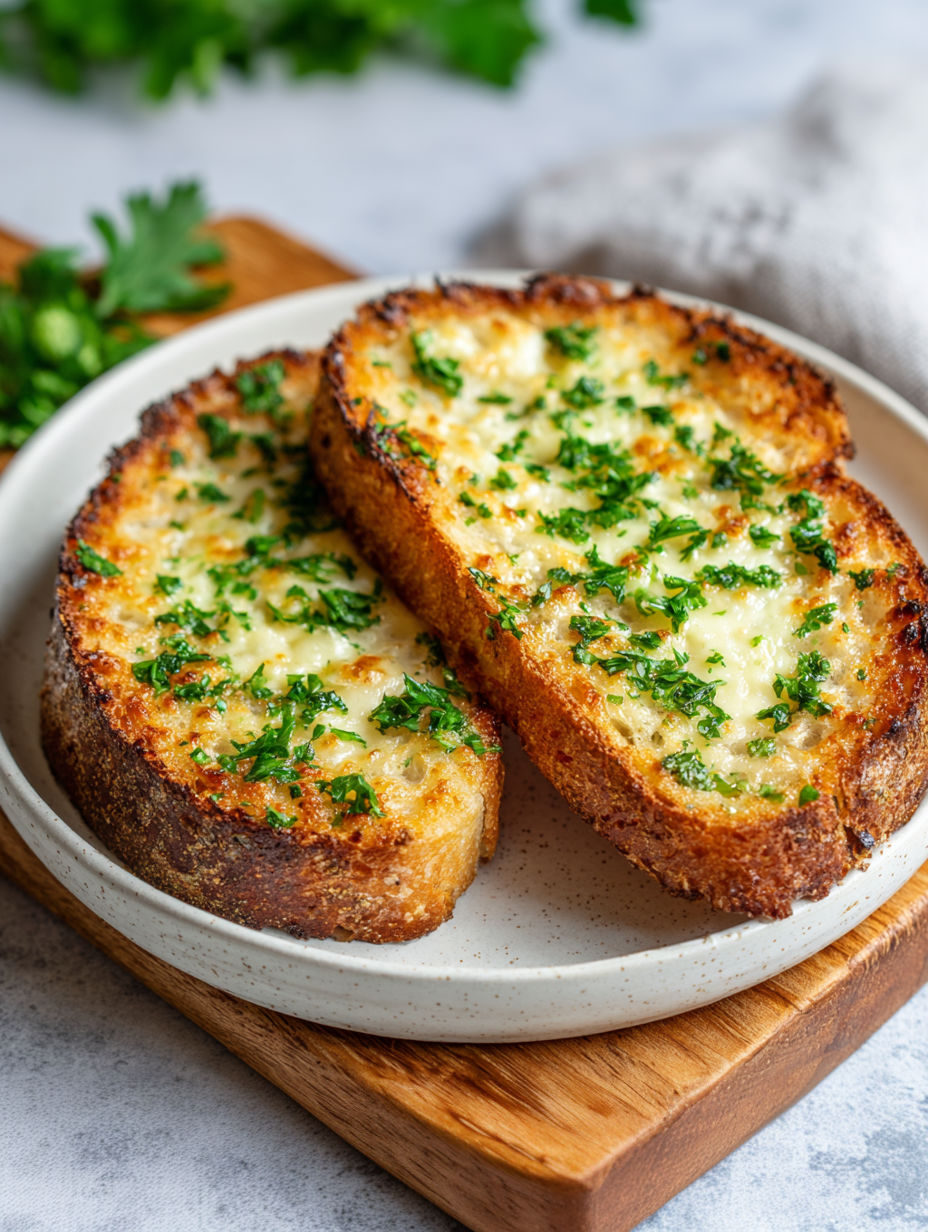 Two slices of garlic bread with cheese on a plate.