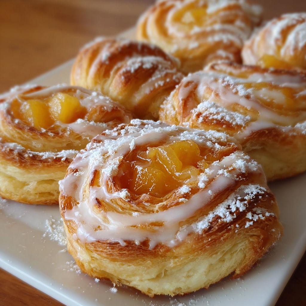A plate of croissant-muffins with a filling of peaches.