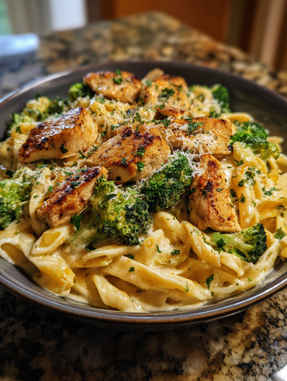 A bowl of chicken Alfredo with broccoli.