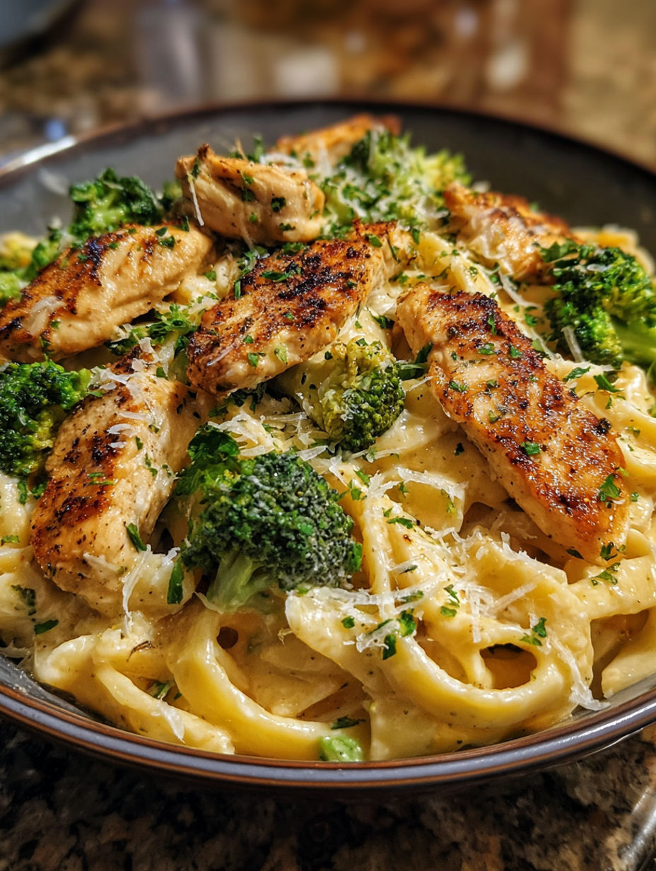 A plate of chicken and broccoli pasta alfredo.