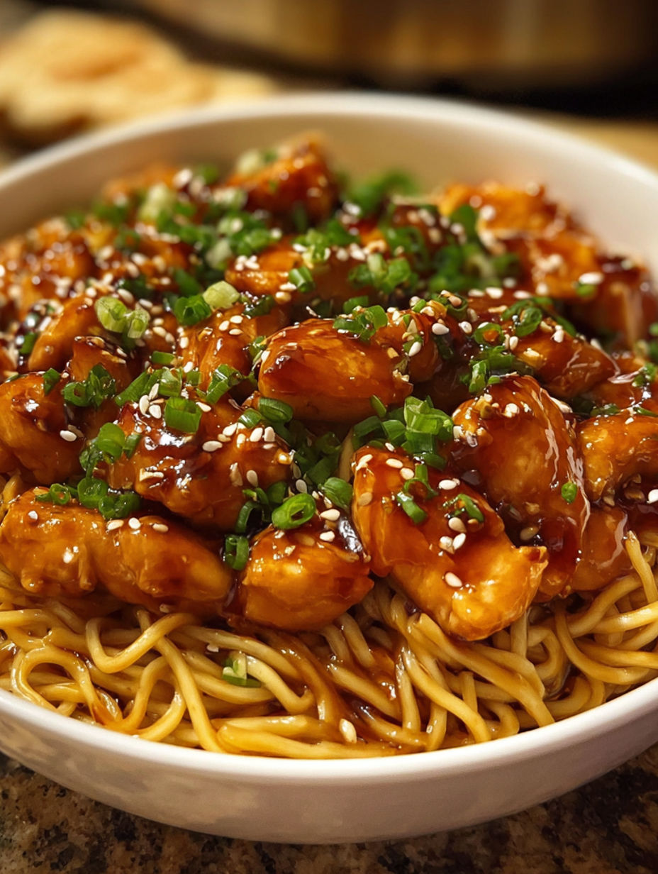 A bowl of Sticky Garlic Chicken Noodles.