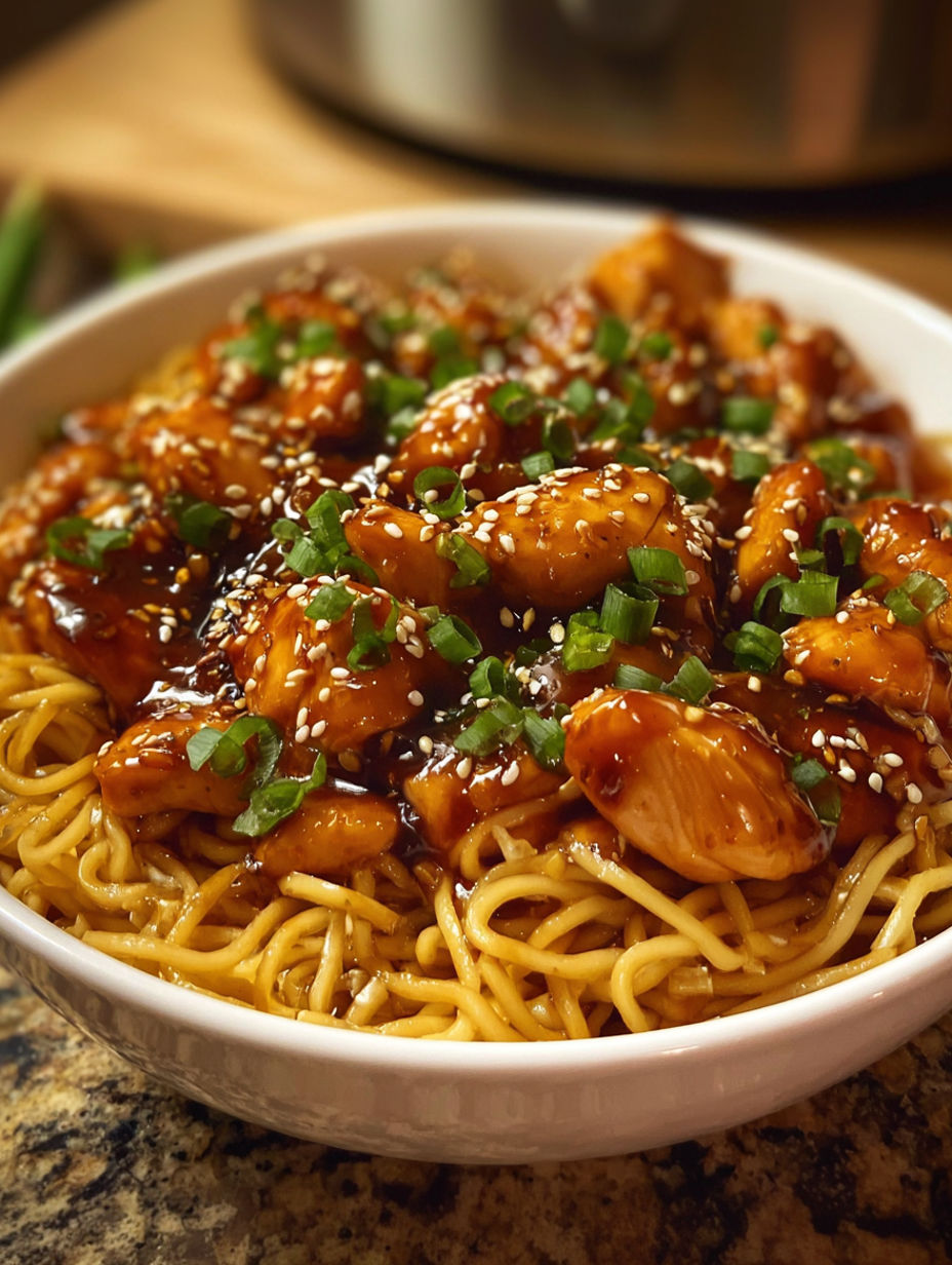 A bowl of chicken noodles with green onions.