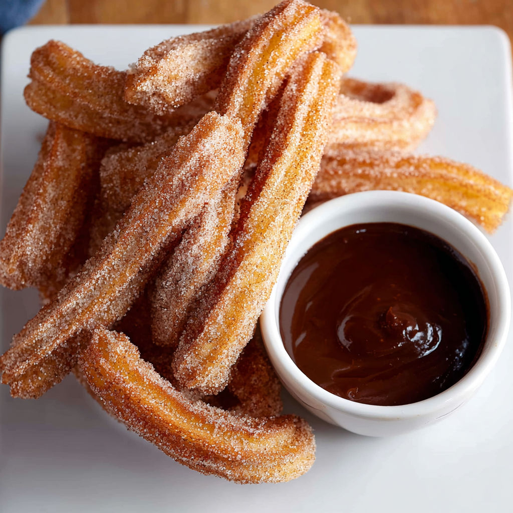A plate of churros with chocolate sauce.
