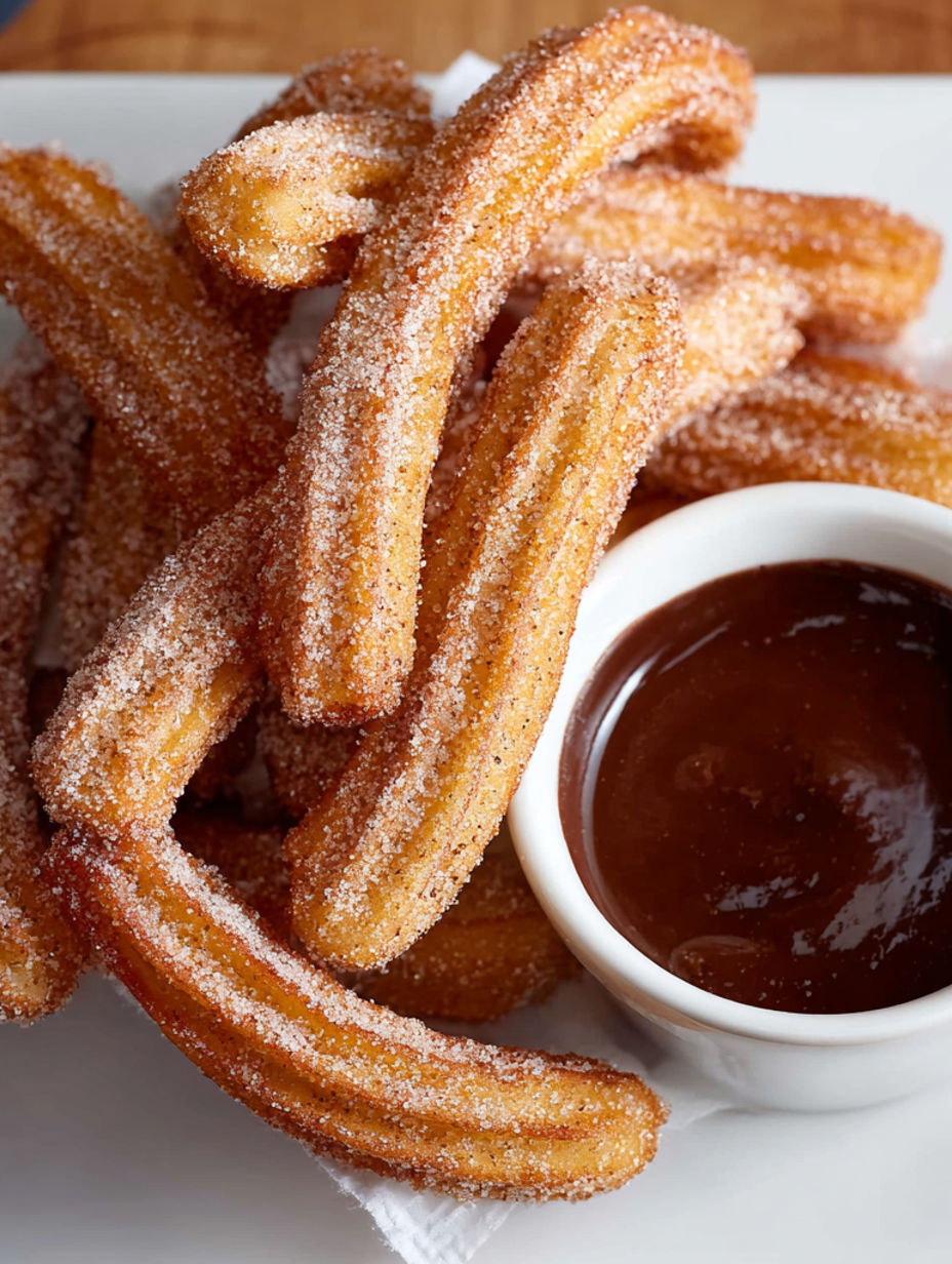A bowl of churros with chocolate sauce.