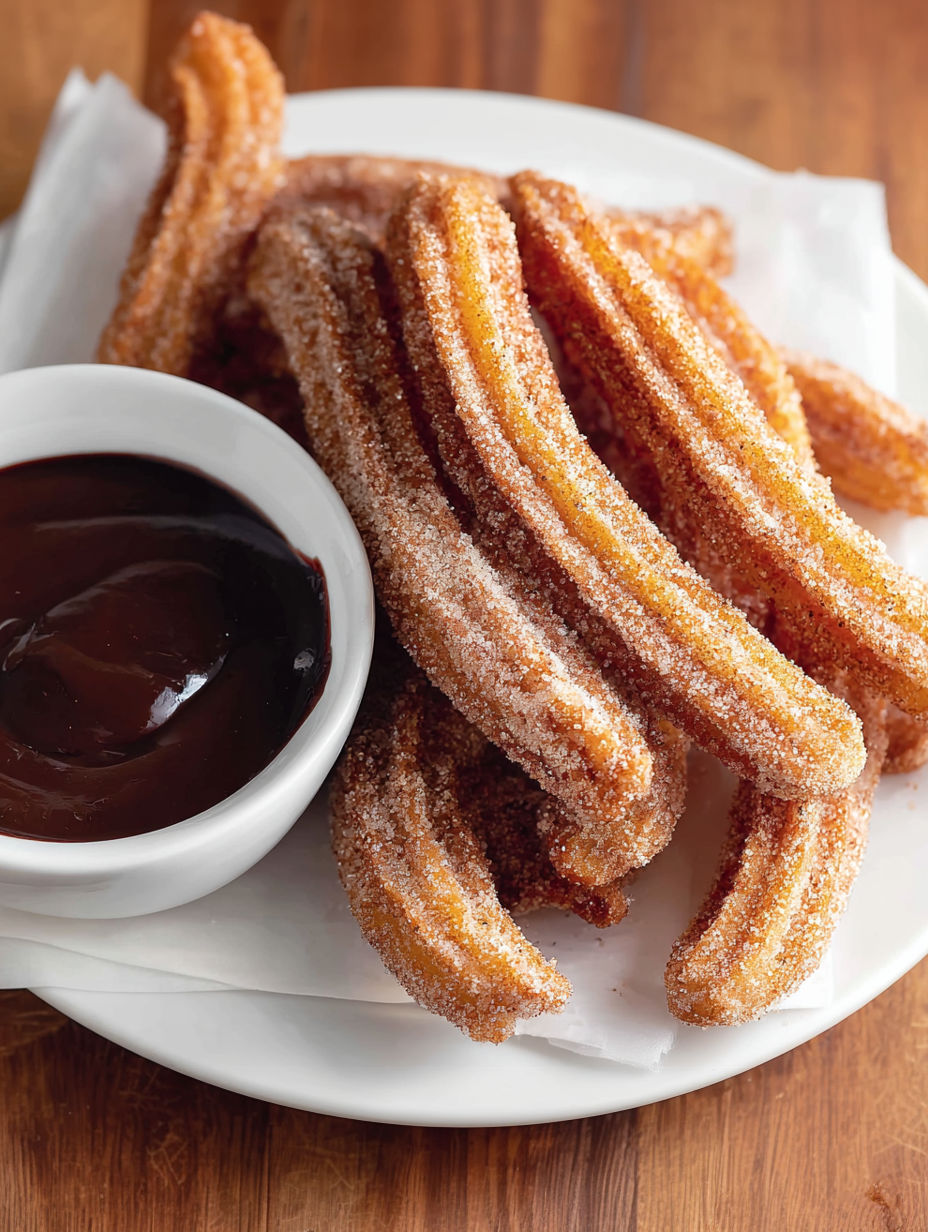 A plate of churros with a bowl of chocolate sauce.