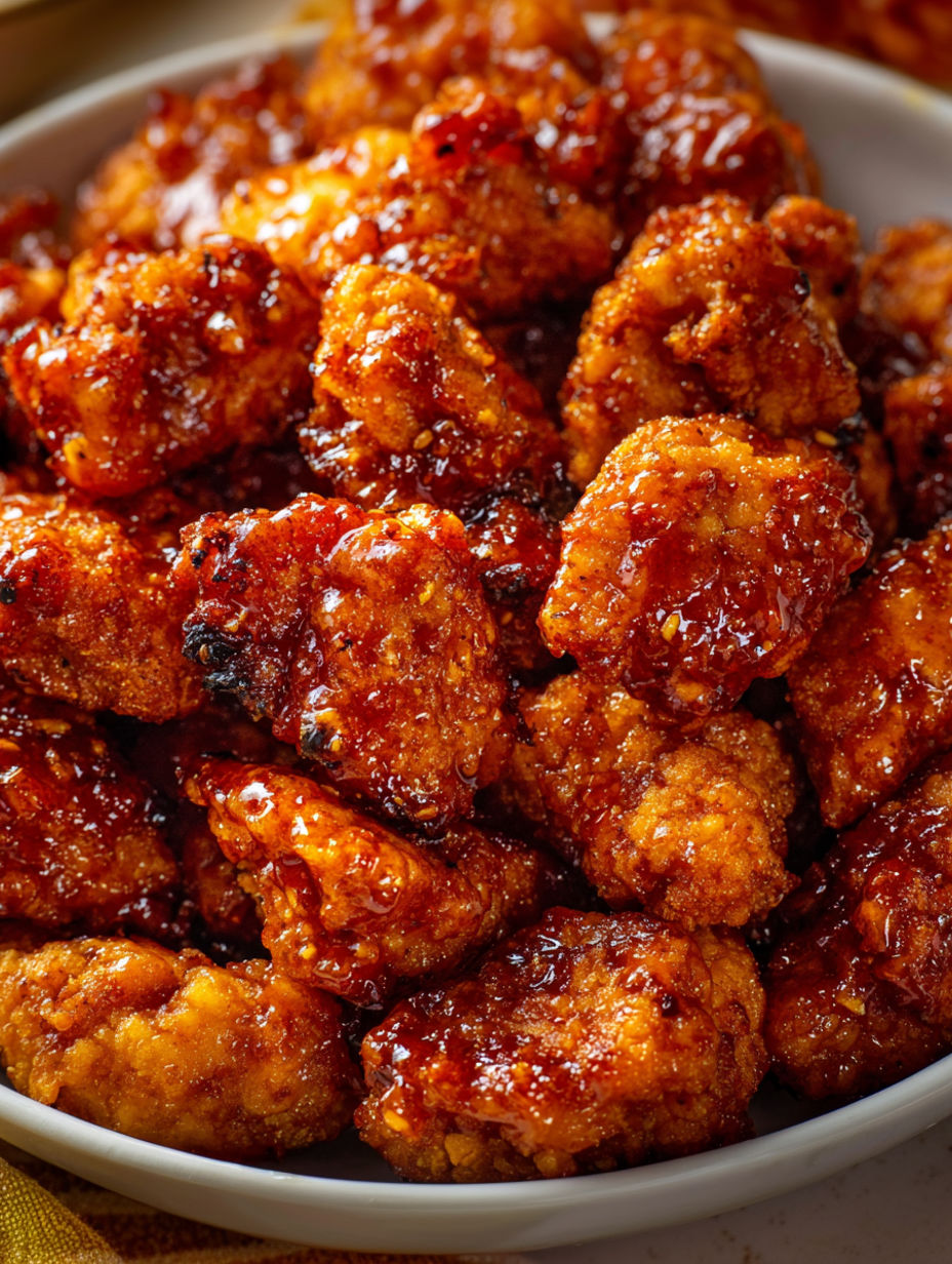 A bowl of orange chicken with sauce.