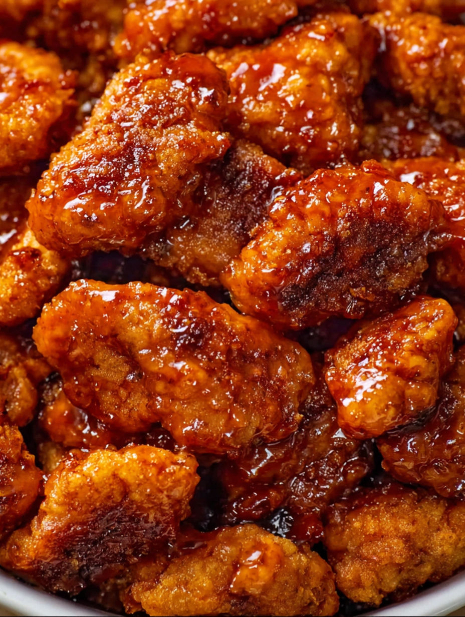 A close up of some orange chicken.