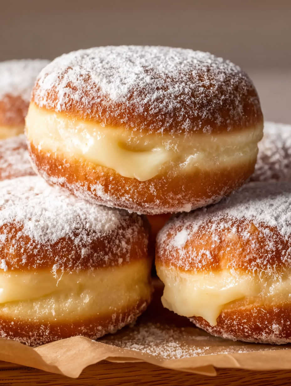 A stack of vanilla cream-filled donuts.