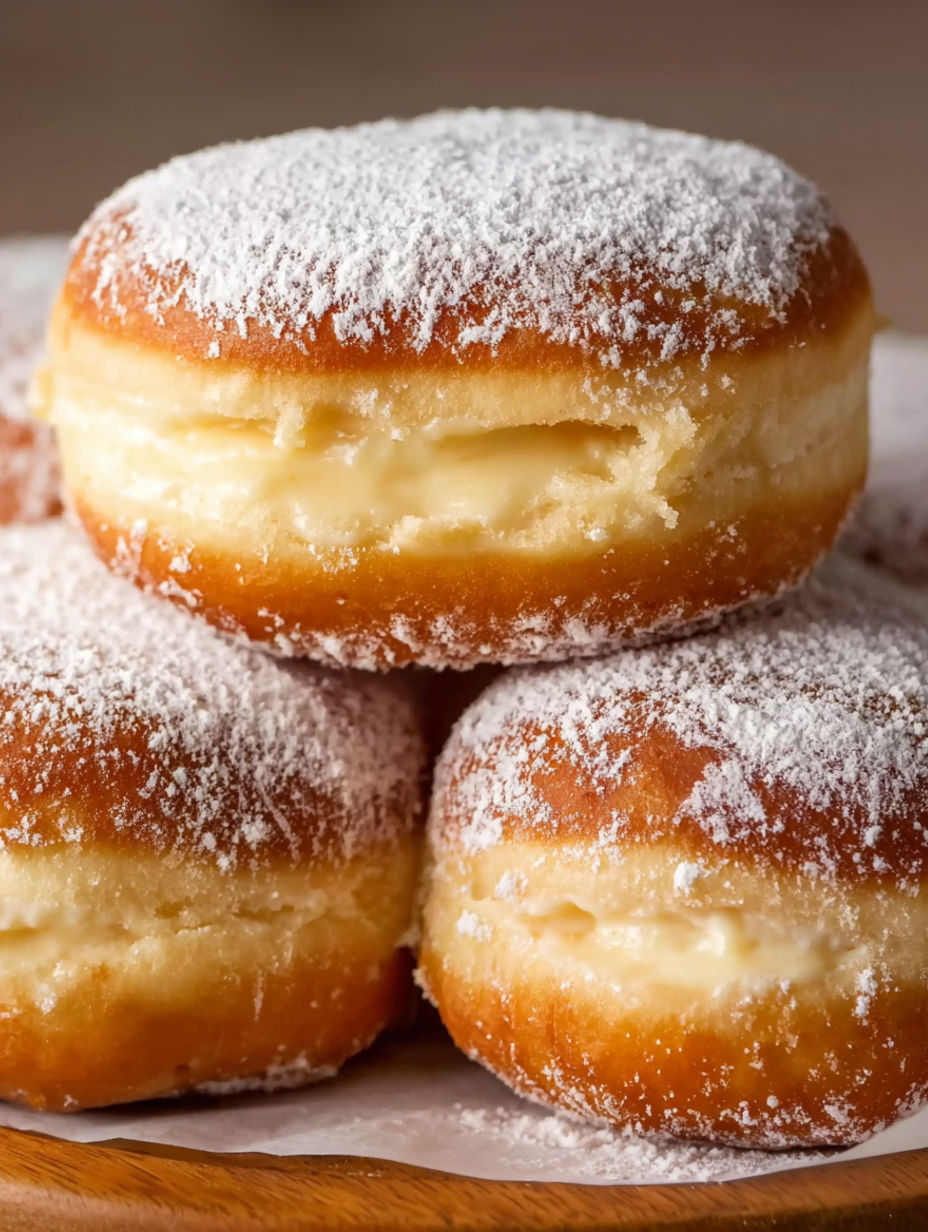 A stack of vanilla cream-filled donuts.